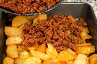 Just add ground beef to the potatoes! Simple dinner recipe!