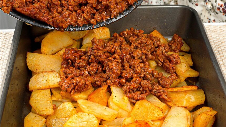 Just add ground beef to the potatoes! Simple dinner recipe!