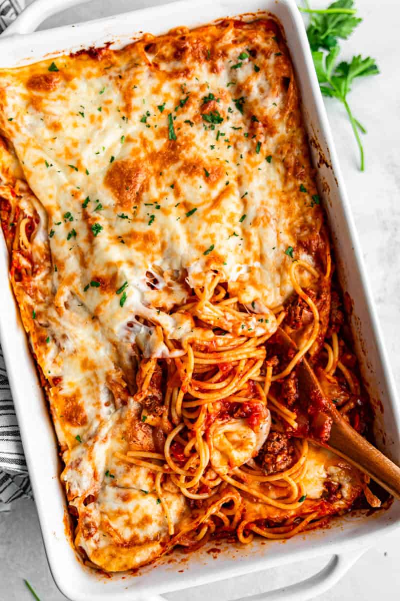 An overhead birds-eye view of a pan of baked spaghetti.