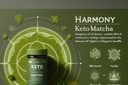 Vibrant green matcha leaves and a serene setting, embodying the rejuvenating and energizing benefits of harmony keto matcha.