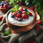 Luxurious bowl of keto-friendly yogurt, adorned with vibrant low-carb berries, and chia seeds, set in a rustic wooden bowl against a backdrop of lush greenery.