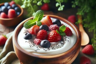 Luxurious bowl of keto-friendly yogurt, adorned with vibrant low-carb berries, and chia seeds, set in a rustic wooden bowl against a backdrop of lush greenery.