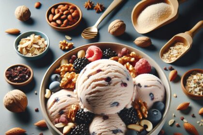 Vibrant and enticing bowl of carb smart ice cream with visually appealing garnishes, showcasing the creamy, indulgent texture of traditional ice cream while fitting perfectly with the keto lifestyle.