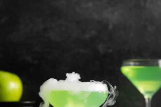 a smoking poison apple martini on a white coaster.