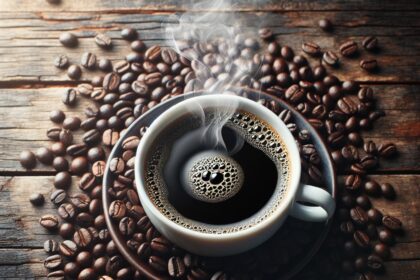 Steaming cup of rich black coffee surrounded by vibrant coffee beans on a rustic wooden table