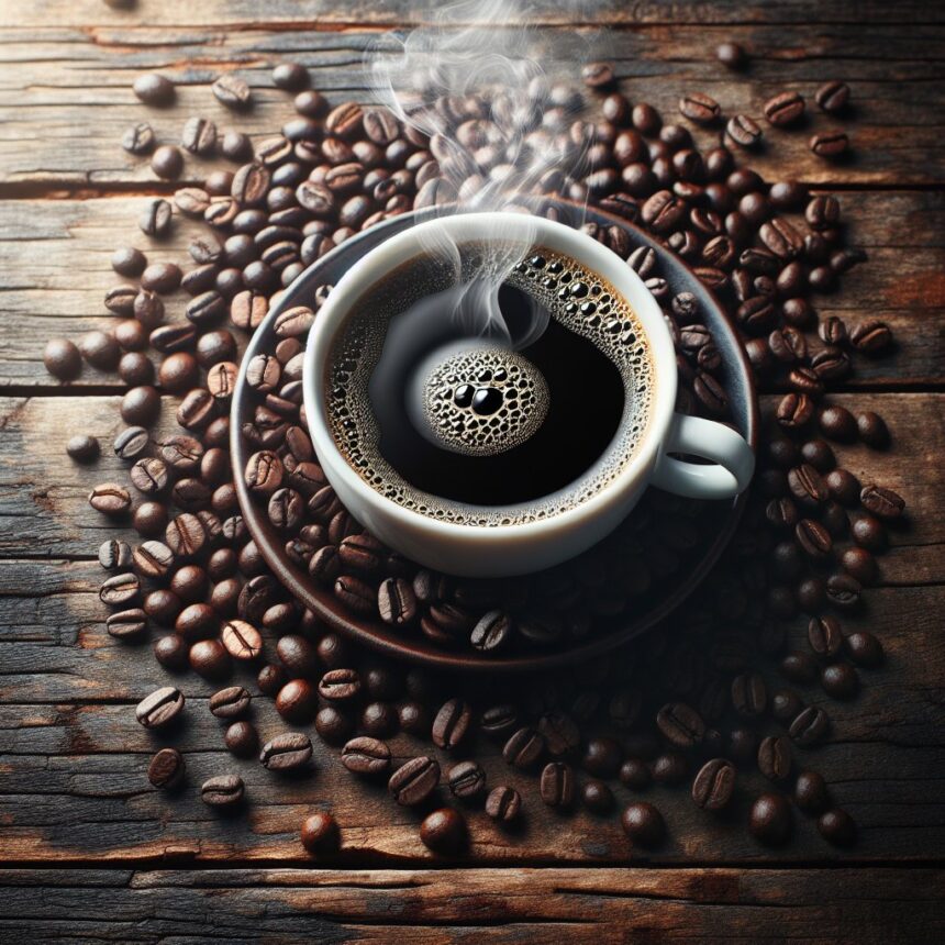 Steaming cup of rich black coffee surrounded by vibrant coffee beans on a rustic wooden table