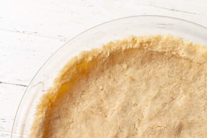 A hand pressing a shortbread graham cracker pie crust into the pie plate.