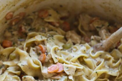 A wooden spoon stirring a large pot of chicken and noodles with carrots and seasoning