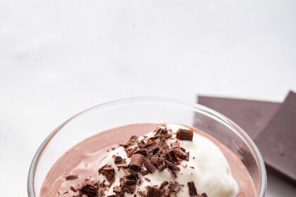 Chocolate protein pudding in a glass cup topped with whipped cream and shaved chocolate.