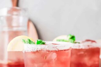 cranberry margaritas in glasses with salt rims