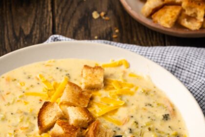 A bowl of instant pot broccoli cheddar soup topped with croutons with a spoon.