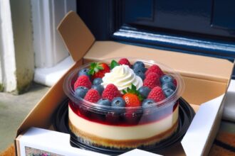 Keto cheesecake delivery with fresh berries and whipped cream on the side, packaged with quality and keto-friendly label on doorstep