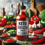 Vibrant red keto sriracha sauce bottle surrounded by fresh, low-carb and keto-friendly ingredients such as peppers, garlic, and vinegar in a modern kitchen setting.