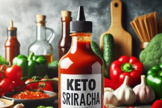 Vibrant red keto sriracha sauce bottle surrounded by fresh, low-carb and keto-friendly ingredients such as peppers, garlic, and vinegar in a modern kitchen setting.