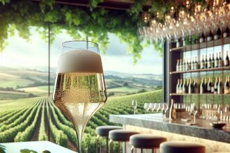 Elegant glass of sparkling prosecco in front of vibrant vineyards