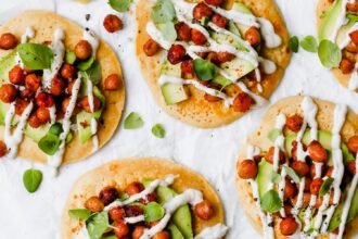 Vegan Gluten-Free Chickpea Pancakes with avocado and white sauce