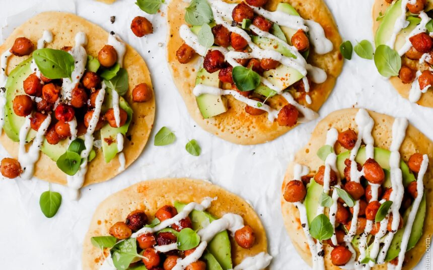 Vegan Gluten-Free Chickpea Pancakes with avocado and white sauce