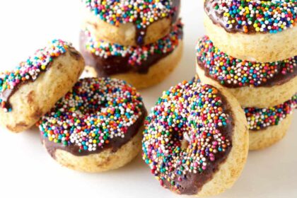 Baked Vanilla Cake Donuts with Chocolate Glaze and Sprinkles