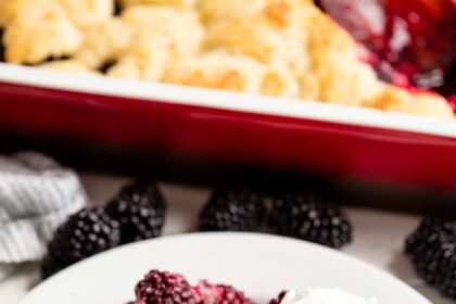 Blackberry Cobbler served up with a scoop of ice cream on top of it on a white plate.