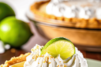 A slice of key lime pie on a green plate garnished with a lime slice and graham cracker crumbs.