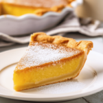 A clean slice of chess pie on a white plate with the rest of the pie in the background.