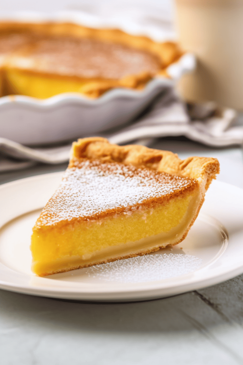 A clean slice of chess pie on a white plate with the rest of the pie in the background.