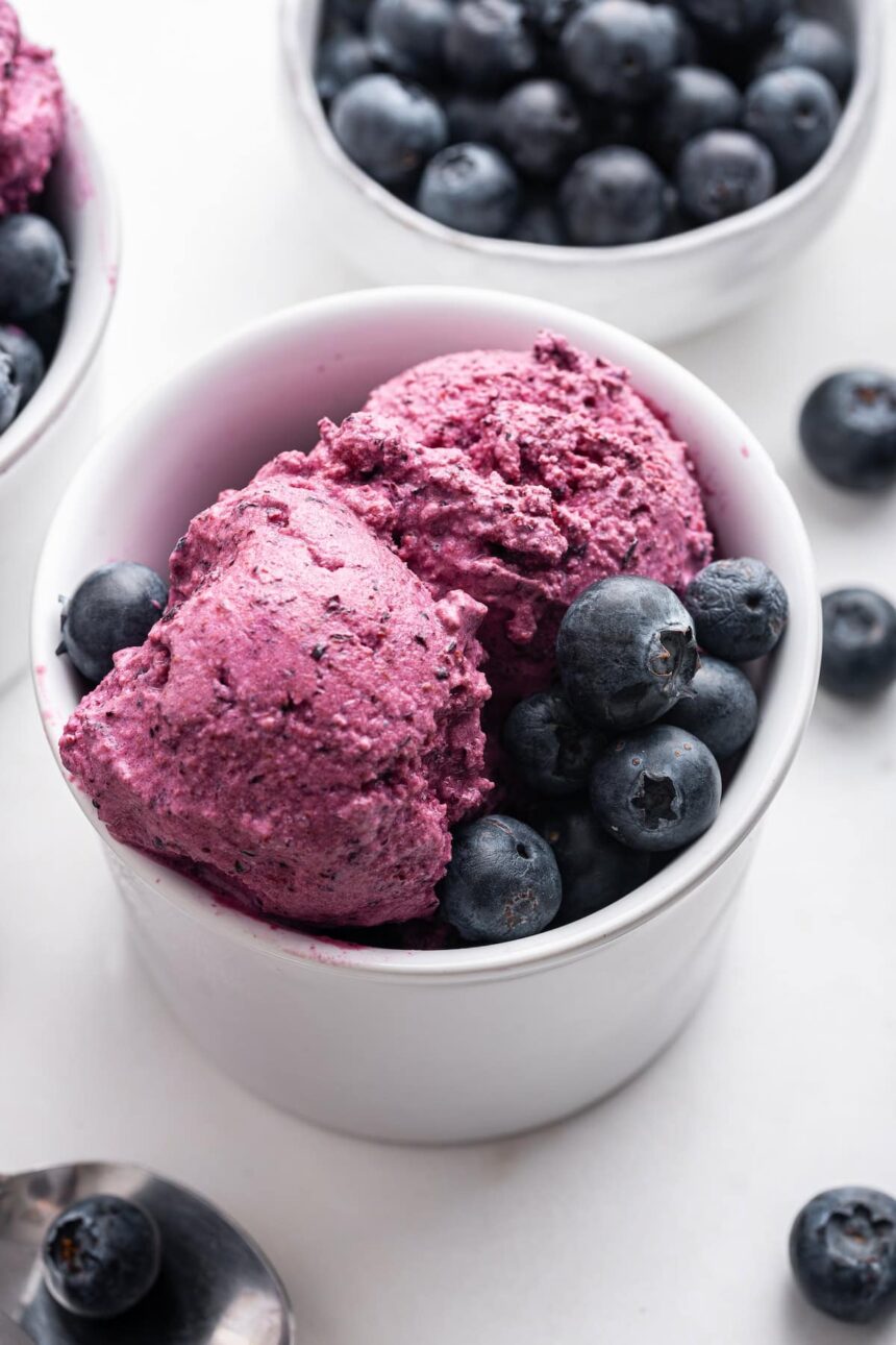 A few scoops of blueberry frozen yogurt in a small bowl with fresh blueberries inside the bowl.