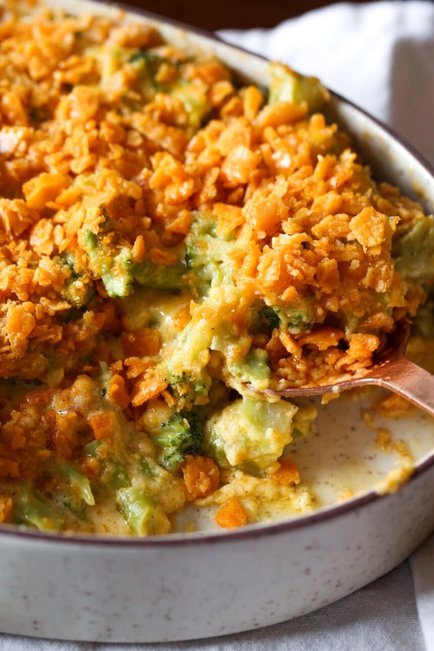 Broccoli Cheese Casserole in a baking dish