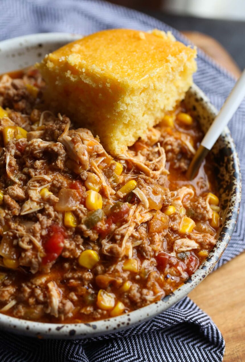 Chicken, pork, and beef stew with cornbread.