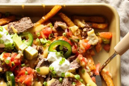 Carne Asada topped french fries with melted cheese and all the nacho toppings.