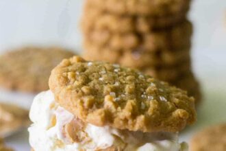 Calling all peanut butter lovers! These easy peanut butter cookie ice cream sandwiches are made with flourless peanut butter cookies and homemade peanut butter swirl ice cream. This is the ultimate summer dessert!