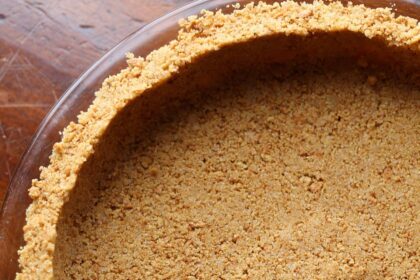 Graham cracker pie crust in a pie pan.