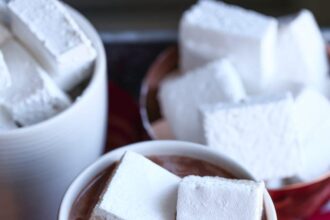 Three Homemade Marshmallows Floating in a Mug of Hot Chocolate