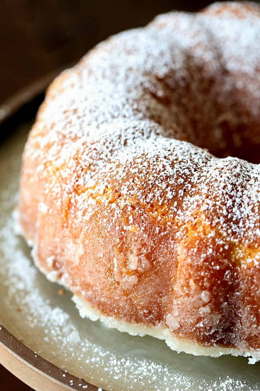 Kentucky Butter Cake on a platter dusted with powdered sugar