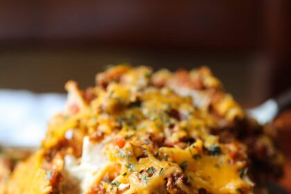 A scoop of noodle bake is lifted out of a casserole dish.