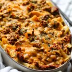 Sour cream noodle bake in a casserole dish.