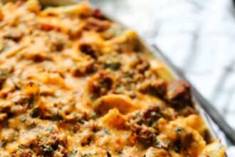 Sour cream noodle bake in a casserole dish.
