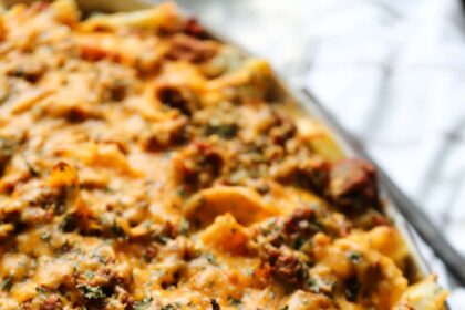 Sour cream noodle bake in a casserole dish.