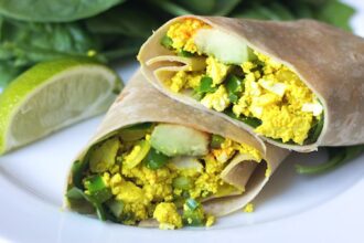 Spicy Tofu Scramble and Avocado Breakfast Burrito