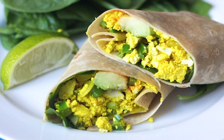 Spicy Tofu Scramble and Avocado Breakfast Burrito