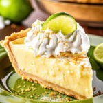 A slice of key lime pie on a green plate garnished with a lime slice and graham cracker crumbs.