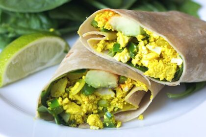 Spicy Tofu Scramble and Avocado Breakfast Burrito