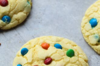 Cake mix cookies with M&Ms.