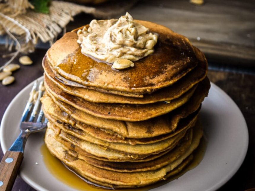 Oaty Pumpkin Pancakes with Maple Cinnamon Nut Butter Spread [Vegan] – One Green Planet