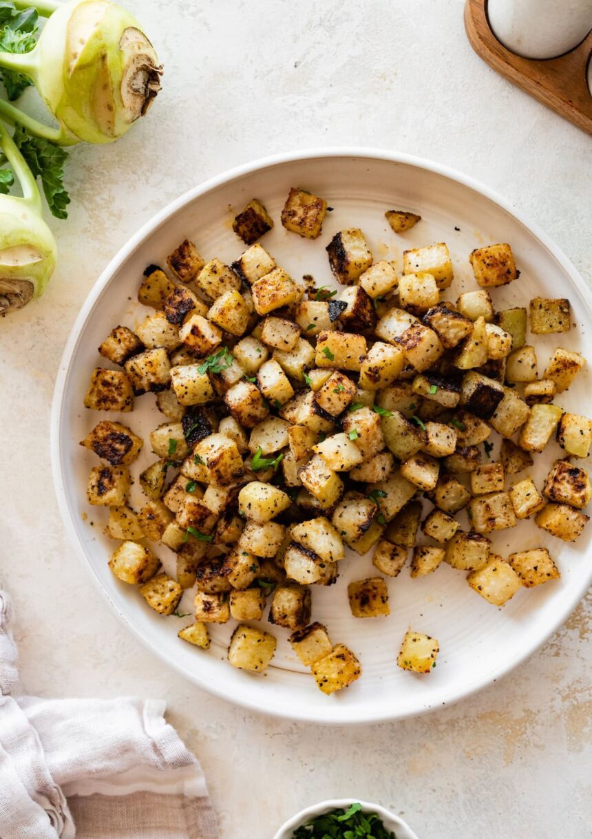 A plate of seasoned and roasted kohlrabi with a kohlrabi root near the plate.