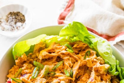 A bowl with buffalo chicken salad on a bed of lettuce.