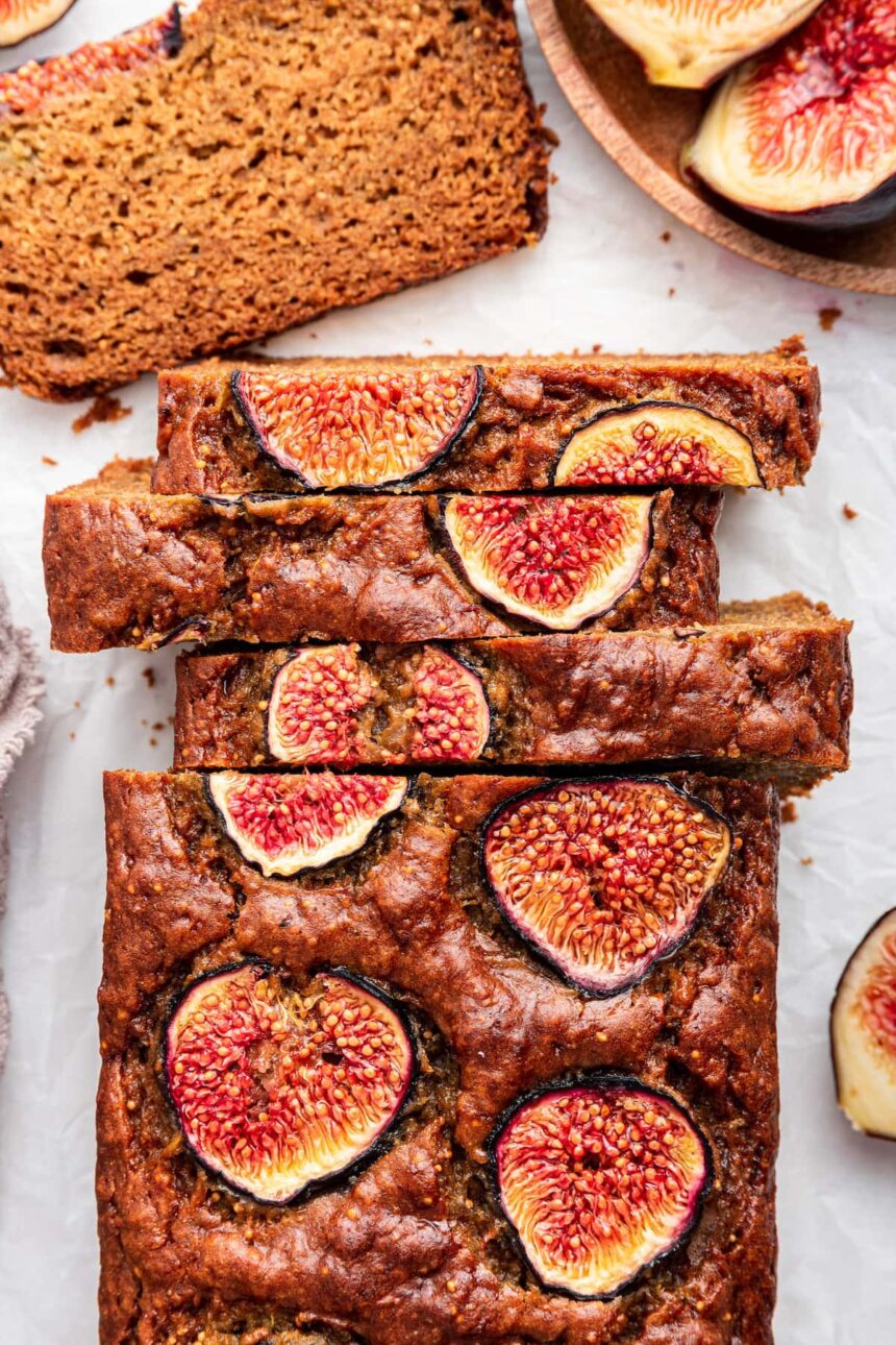 A loaf of fig bread cut into slices.