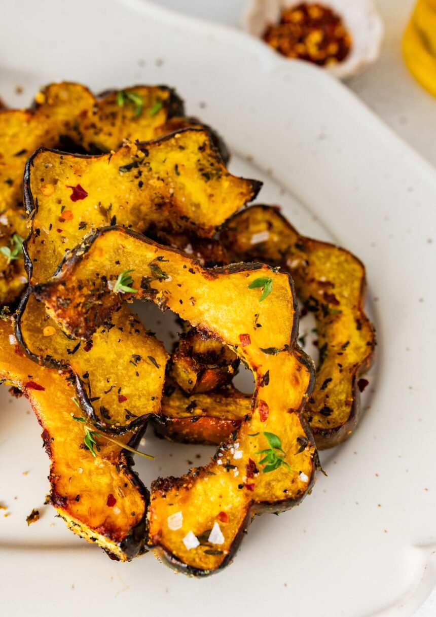 Roasted acorn squash served on a white plater.