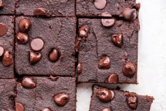 Chocolate chip sweet potato brownies cut into squares.