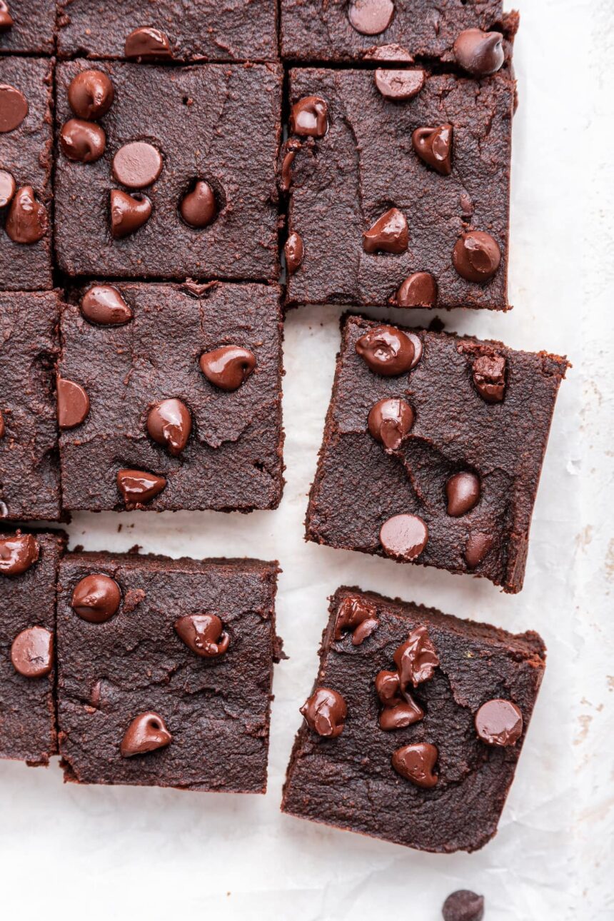 Chocolate chip sweet potato brownies cut into squares.